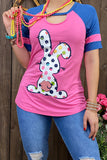 DLH10751 Pink/blue key whole neckline women top w/polka dot bunny print  HS1