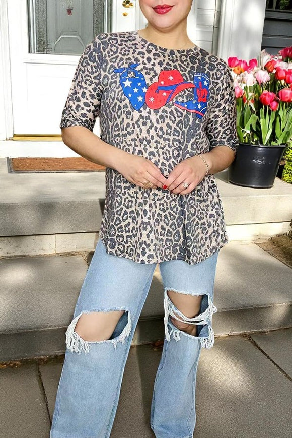 Women's top wholesale 4th July Leopard printed w/bandanna, cowboy hat & boot print DLH10800-2