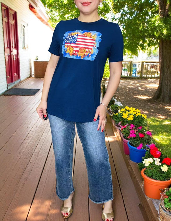 Women t-shirt suppliers Blue USA Flag printed buffalo short sleeves DLH10901  (GS10)