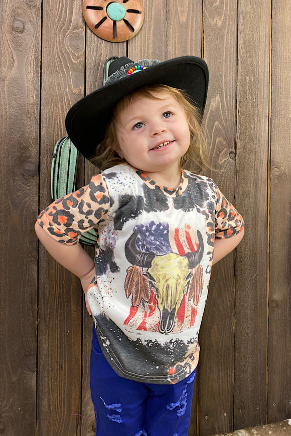 USA bull skull leopard printed girls t-shirt DLH1108-12