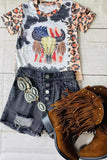 Girls clothing suppliers USA bull skull leopard printed girls t-shirt DLH1108-12