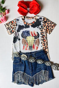 Girls clothing suppliers USA bull skull leopard printed girls t-shirt DLH1108-12