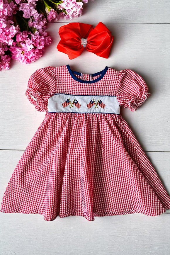 Wholesale girls dress 4th July USA Flag embroidery w/puff sleeves DLH1114-2