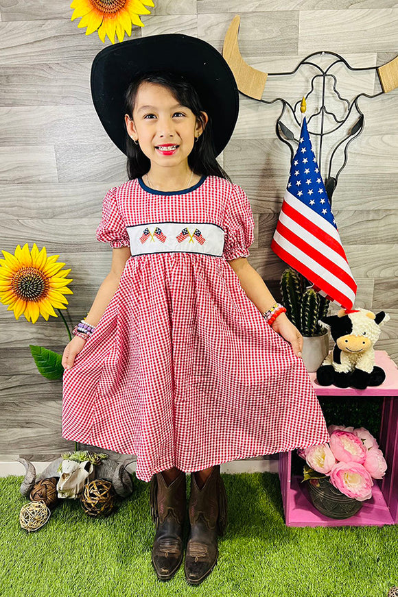 4th July USA Flag embroidery girls dress w/puff sleeves DLH1114-2
