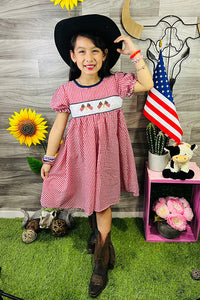 4th July USA Flag embroidery girls dress w/puff sleeves DLH1114-2