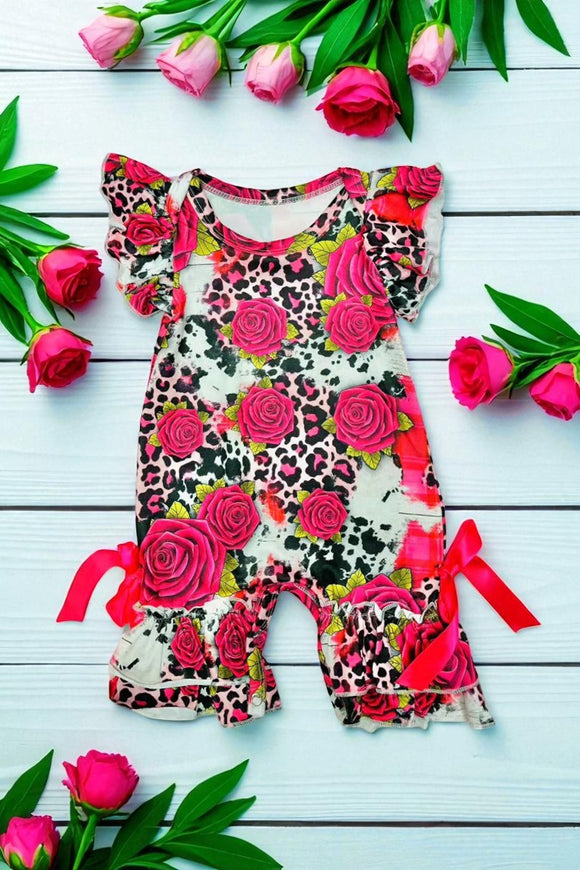 Pink leopard & flower printed with short sleeves infant baby romper DLH1124-10 A14S4