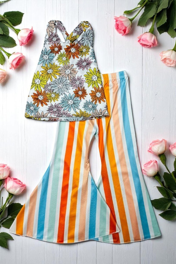 Multi color floral printed top & striped bell bottoms 2pc girls set DLH1215-38