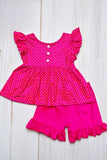 Trendy Pink polka dot top & shorts 2pcs girls boutique set DLH1124-14 (A3S2)