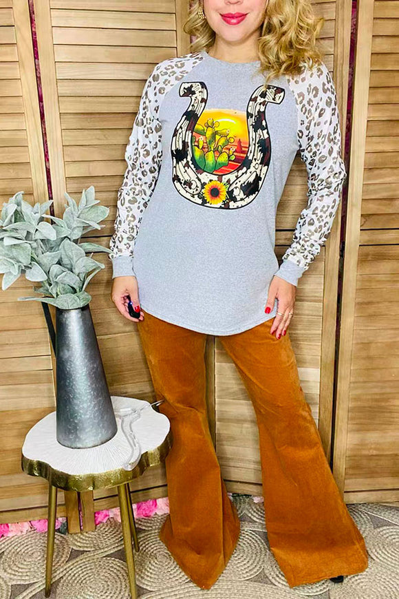 Western horse shoe & cactus grey long sleeve top w/leopard sleeves DLH11350 IS19