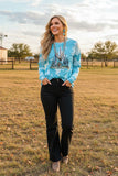 Western turquoise cactus long sleeve women's boutique top DLH11782 ES11