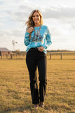 Western turquoise cactus long sleeve women's boutique top DLH11782 ES11