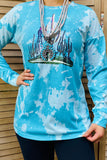 Turquoise cactus printed tie dye long sleeve top DLH11782