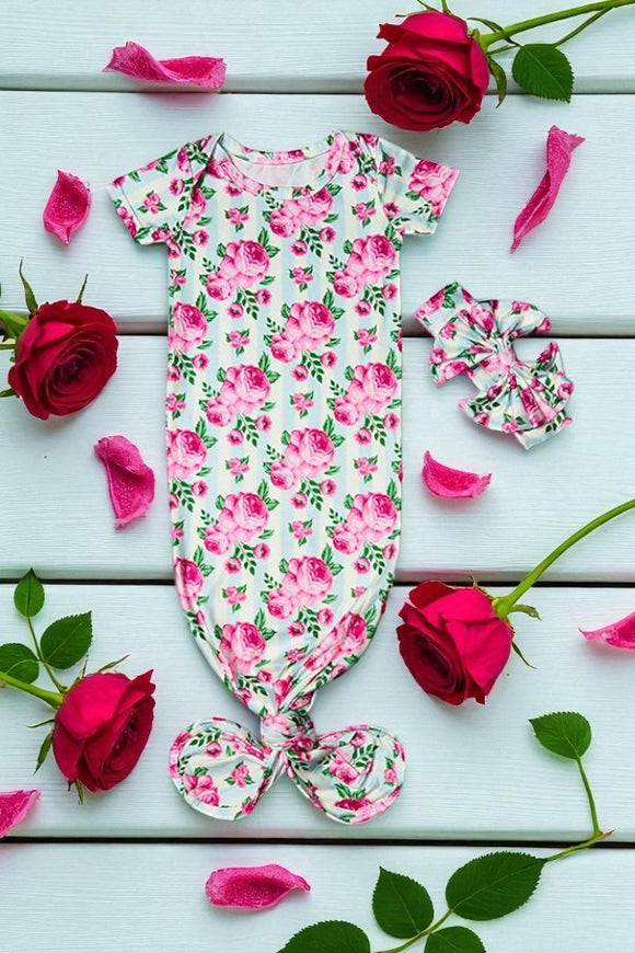 Pink roses with light blue stripes print short sleeve baby gown DLH1215-04 A14S2