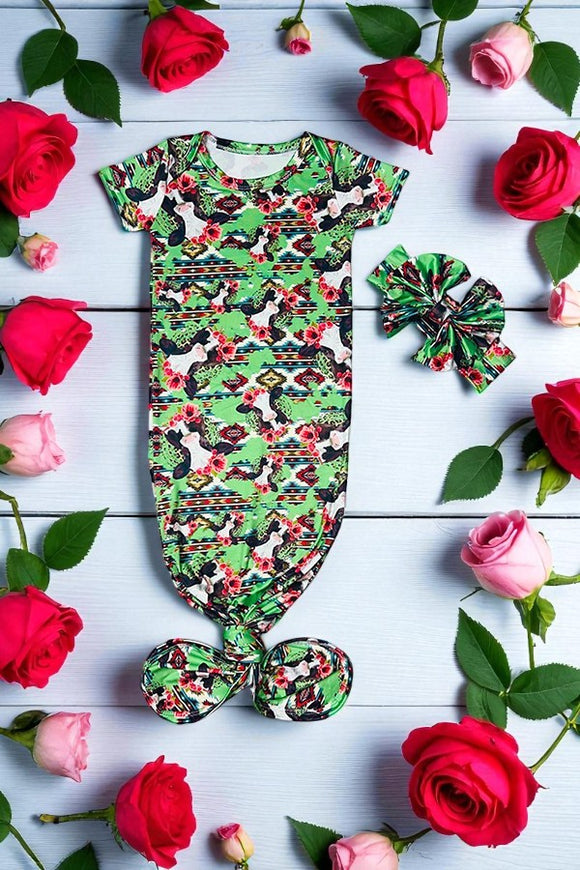 Cute Green Aztec with cow faces print baby gown with headband DLH1215-08 A14S2
