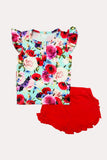 DLH1215-17 Red floral short sleeve 2pc short & top girls set A3S2