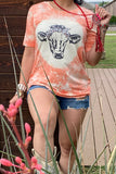 Orange cow printed short sleeve women t-shirt DLH12160 AS14