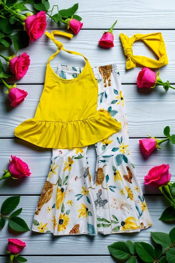 Yellow halter top w/floral bell bottoms 3pc set DLH1224-13 (A5S10)