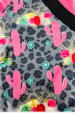 Western leopard cactus top pink denim shorts girls boiutique set DLH1230-05 (A3S4)