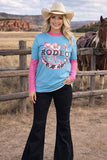 Women T-shirt wholesaler Rodeo cowgirl printed turquoise & short sleeve DLH12320 Ffloor