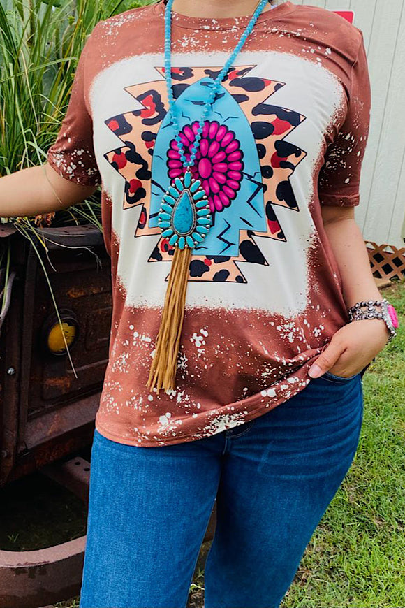 Brown leopard & turquoise Aztec printed short sleeve top DLH12330-2