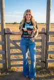 CATTLE COUNTRY Texas cow printed black women top DLH12413 IS19