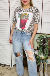 Women's t-shirt vendors Boots floral & cactus leopard printed w/short sleeves DLH12495 IS14