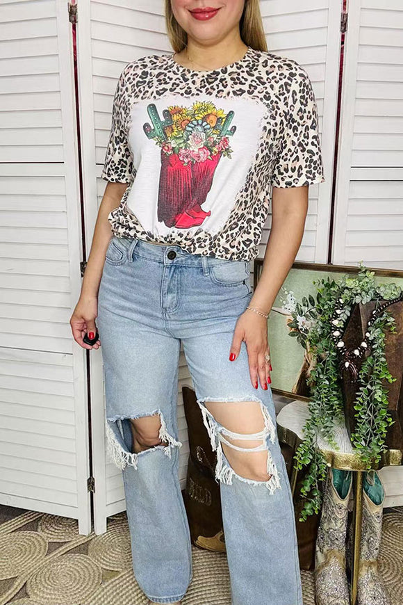 Women's t-shirt vendors Boots floral & cactus leopard printed w/short sleeves DLH12495 IS14