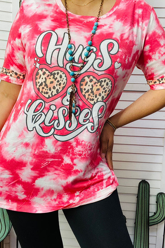 DLH12875 Hugs & Kissed Leopard hearts printed women top with short sleeve