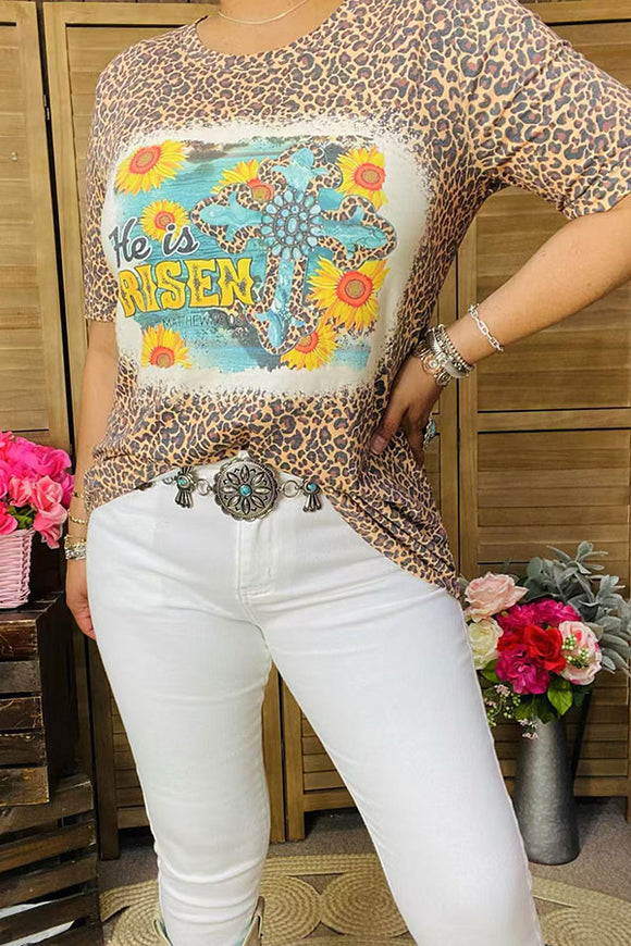 Women''s t-shirt wholesale He is Risen / Leopard printed short sleeves DLH13026