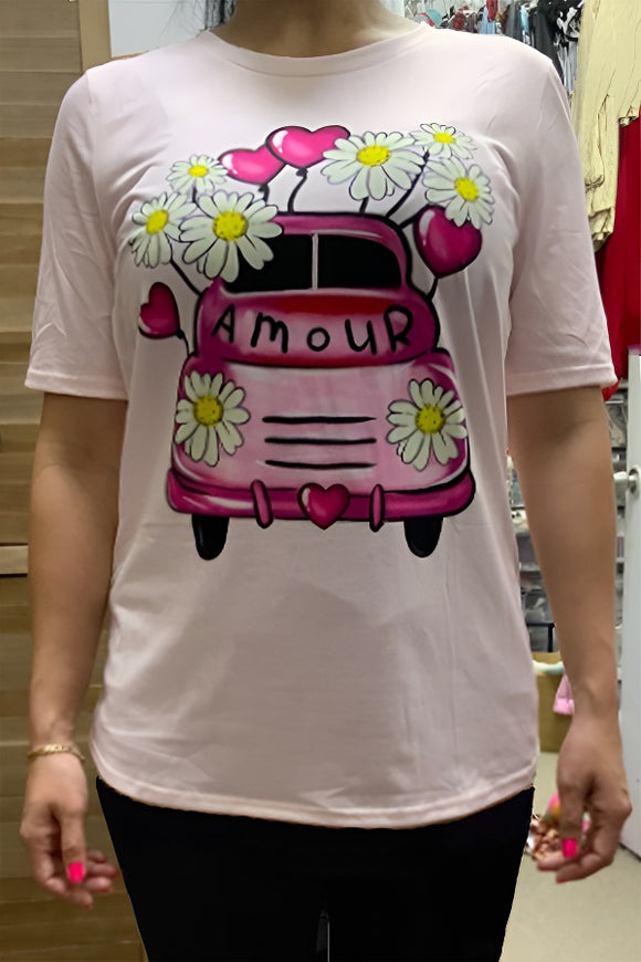Car & Flower & Heart pink short sleeve top DLH13526
