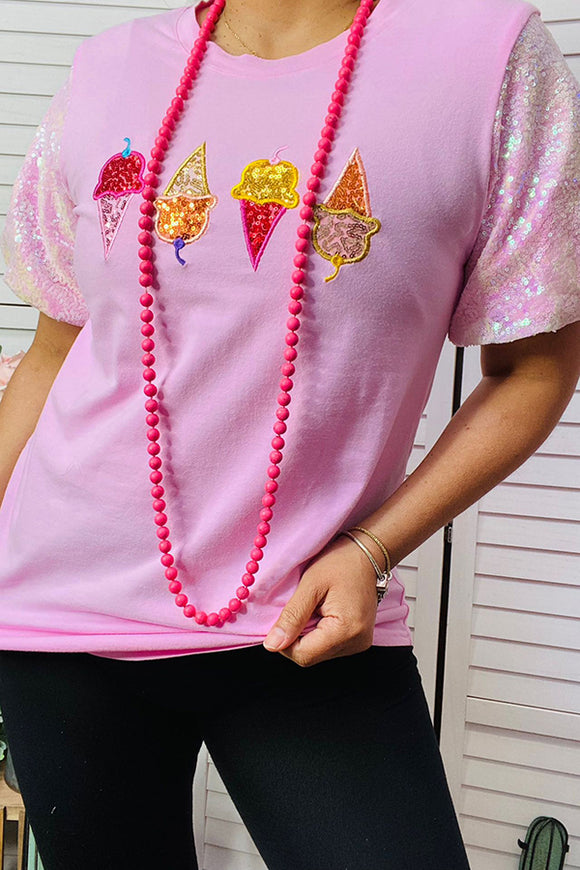 Ice cream embroider pink women t-shirt with sequin short sleeve DLH13632