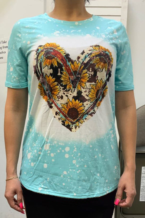 Cow & Sunflower heart printed turquoise short sleeve top DLH13771