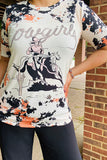 DLH14163 Cow horse riding multi color printed short sleeves women tops