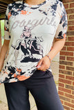 DLH14163 Cow horse riding multi color printed short sleeves women tops