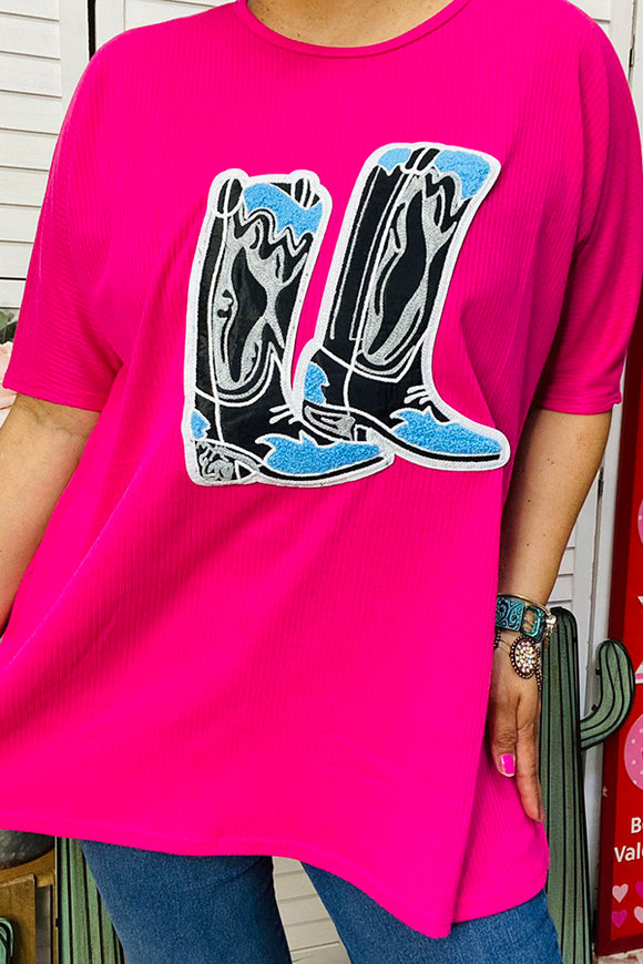 Glitter boots printed pink short sleeve women top DLH14240