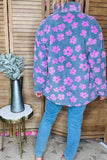Plus size pink flower grey sherpa full-zip women jacket w/pocket DLH14445