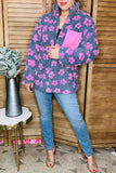 Plus size pink flower grey sherpa full-zip women jacket w/pocket DLH14445