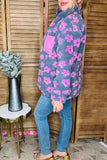 Plus size pink flower grey sherpa full-zip women jacket w/pocket DLH14445