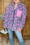 Plus size pink flower grey sherpa full-zip women jacket w/pocket DLH14445