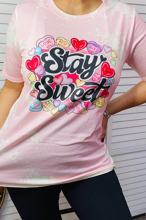 Stay Sweet hearts printed pink tie dye short sleeve t-shirt DLH14552