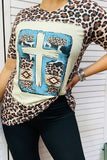 DLH14597 Crossed & leopard printed short sleeve women top (DS6)