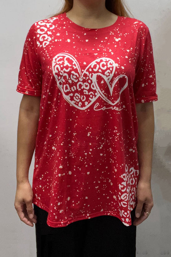 Leopard hearts printed red short sleeve women top DLH14598