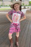 Western HAPPY COW checkered short sleeve girls boutique dress w/fringe tassels DLH2303 (A2S8)
