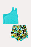 Western turquoise one shoulder top & western shorts girl's boutique set DLH2308 (A4S7)