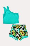Western turquoise one shoulder top & western shorts girl's boutique set DLH2308 (A4S7)