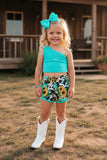 Western turquoise one shoulder top & western shorts girl's boutique set DLH2308 (A4S7)