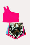 Western hot pink one shoulder top & animal shorts girl's boutique set DLH2309 (A4S7)