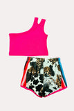 Western hot pink one shoulder top & animal shorts girl's boutique set DLH2309 (A4S7)