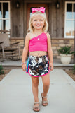 Western hot pink one shoulder top & animal shorts girl's boutique set DLH2309 (A4S7)