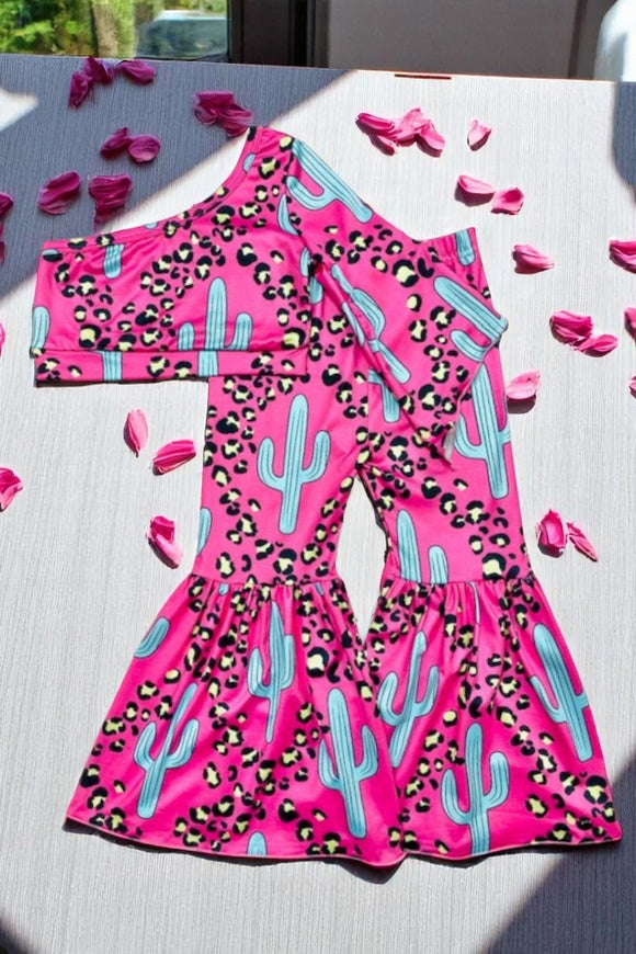 Children clothes suppliers Pink cheetah & turquoise cactus top & pant girl set DLH2317 (A3S5)
